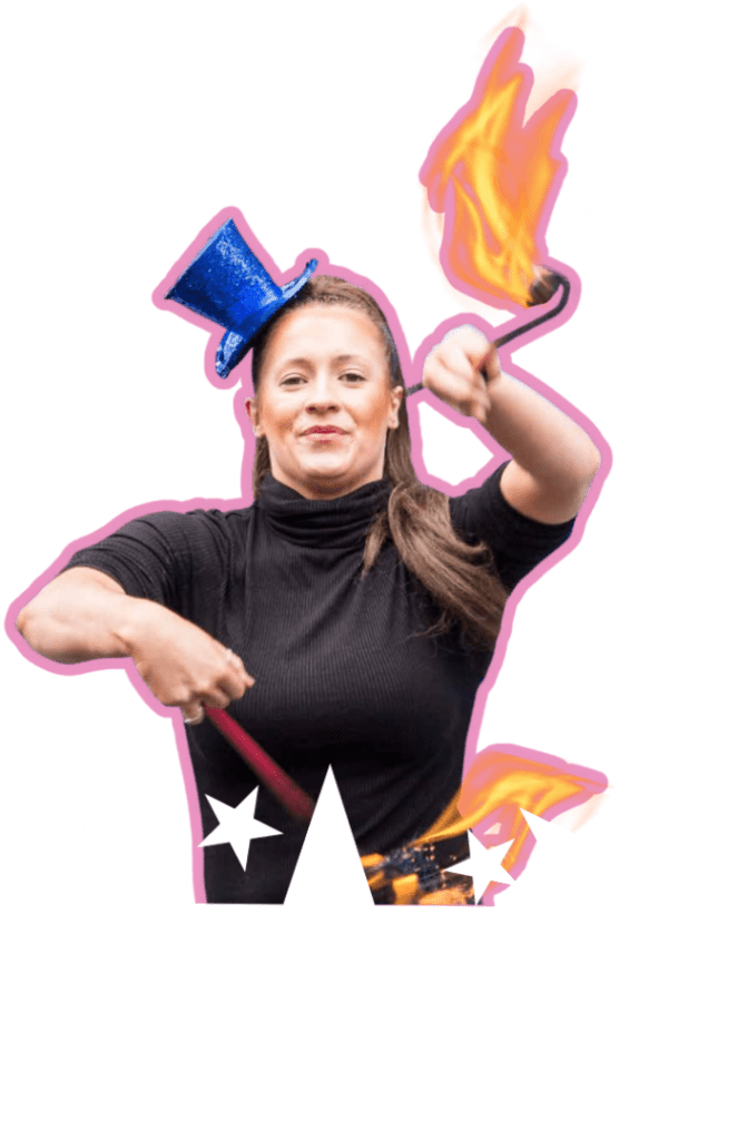 A woman wearing a blue hat and juggling flaming touches.
